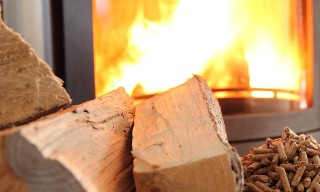 Logs in front of a wood burning stove